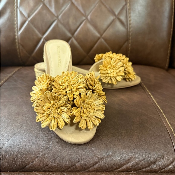 Paloma Barcelo Shoes - Paloma Barcelo Yellow Raffia Floral Block Heel Mules